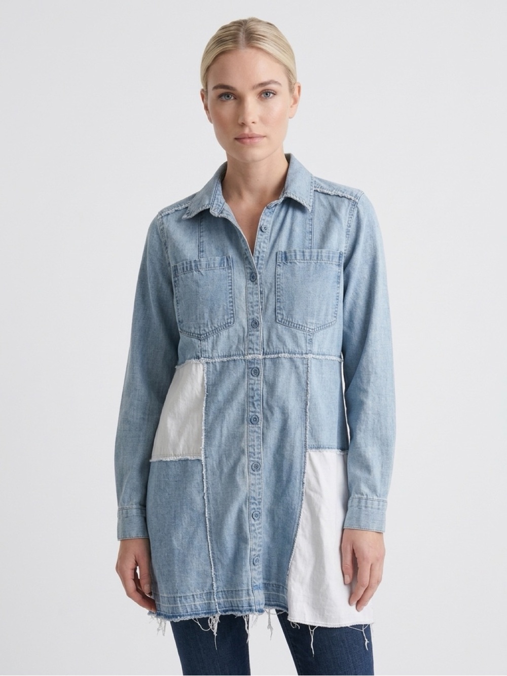 Cleo + Wolf Light Wash Denim Patchwork Tunic Jacket Western Chambray